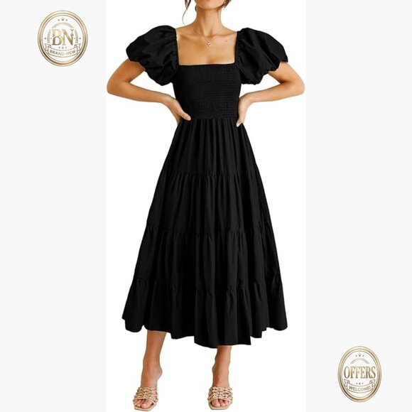Polyester Smocked Midi Dress with Puffy Sleeves and Square Neck